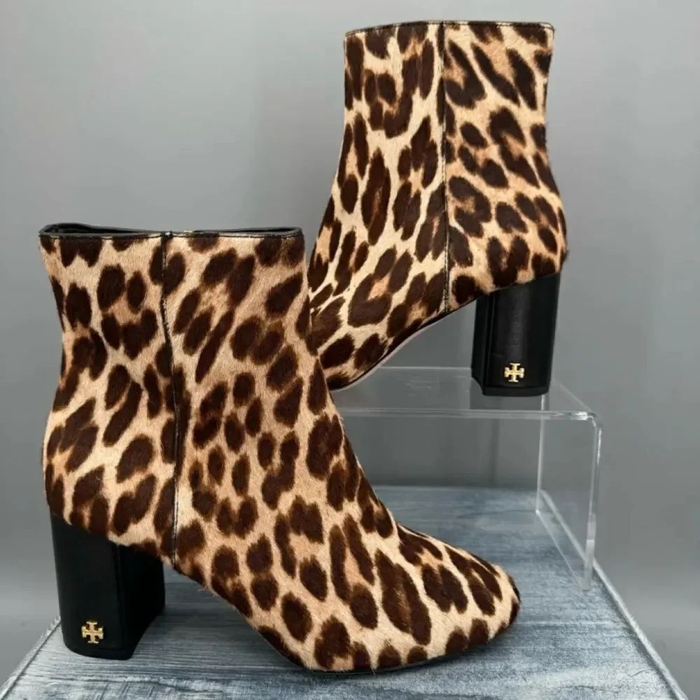 Tory Burch Leather Cheetah Ankle Booties Boots cheetah print